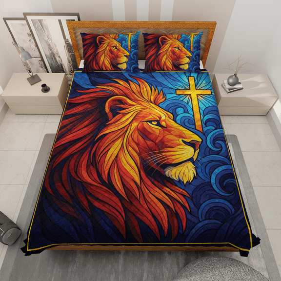 Lion And Cross Quilt Bedding Set – Christian Faith Bedroom Decor – Vibrant Red and Blue Lion Quilt Set with Pillowcases