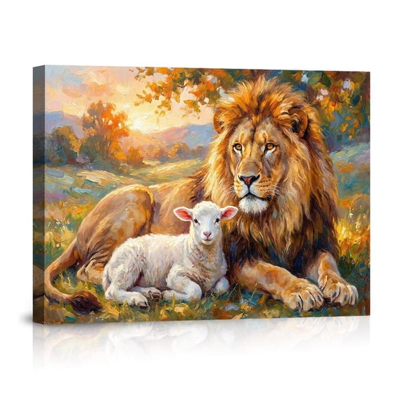Lion And Lamb In Harmony At Sunset Christian Peace Unity For Home Canvas