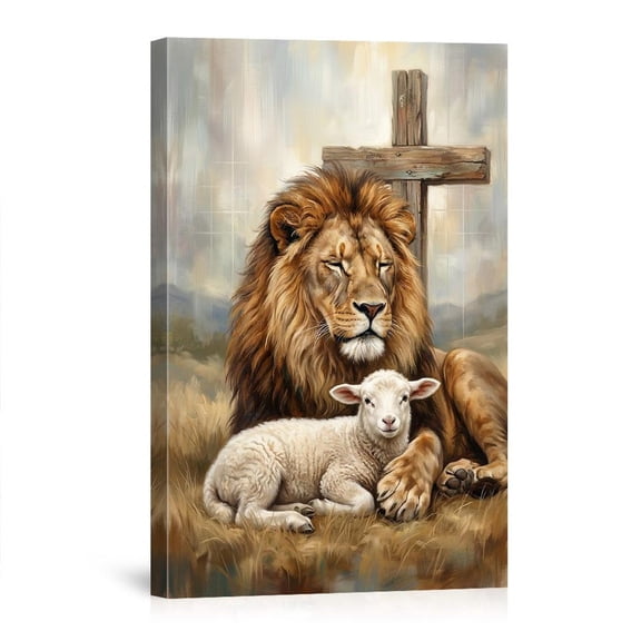 Lion And Lamb Serene Biblical Rustic Christian Home Faith-Inspired Animal Canvas