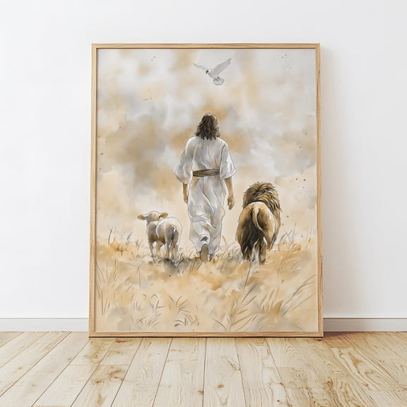 Lion And The Lamb Illustrated Christian Faith Art, Unframed Paper Print Size 8x12