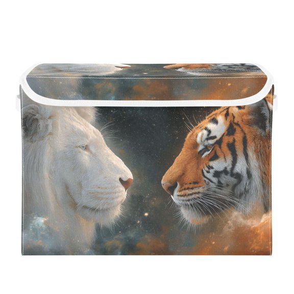 Lion Animal Confront in Starry Night Foldable Storage Bins with Lids Handles Collapsible Storage Containers Tote Boxes 16.5 x 12.6 x 11.8 inches