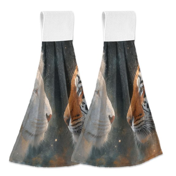 Lion Animal Confront in Starry Night Hanging Towels with Loop Hand Towels Nylon Fastener Tape Design Dish Cloths 2 Pieces