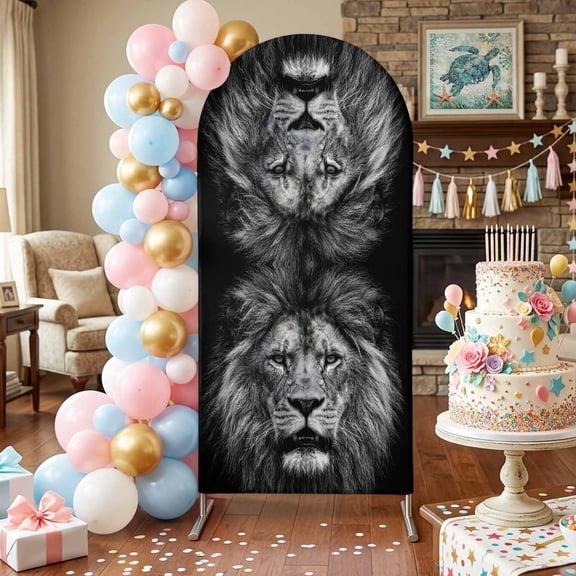 Lion Arch Backdrop Covers 4 FT, Modern Minimalist Black White Powerful Wild Animal Lion Head Stretchy Fitted Arched Stand Covers Party Arch Stand Cover Photo Booth for Wedding Birthday Decor