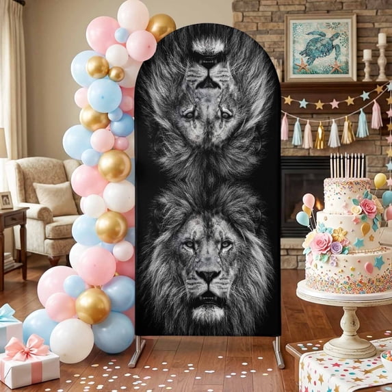 Lion Arch Backdrop Covers 7.2 FT, Modern Minimalist Black White Powerful Wild Animal Lion Head Stretchy Fitted Arched Stand Covers Party Arch Stand Cover Photo Booth for Wedding Birthday Decor