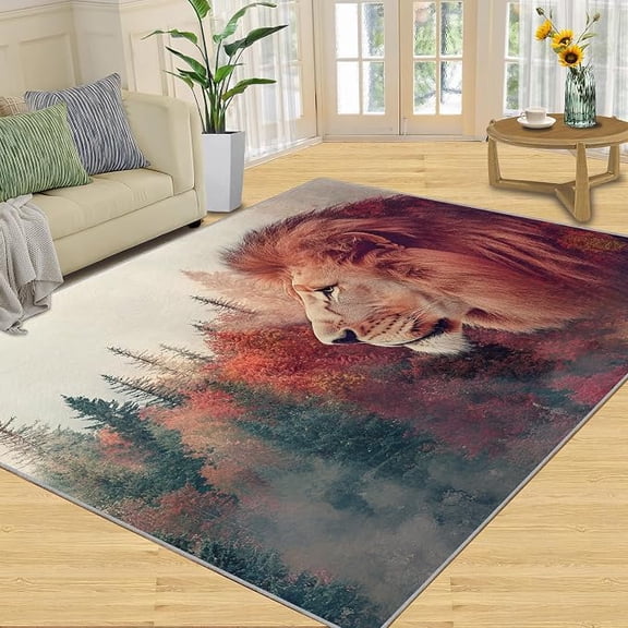 Lion Area Rug, Misty Forest Area Rugs for Living Room, Jungle Animal Washable Rugs for Bedroom, Wildlife Boys Room Carpet - Lion Home Decor 5 x 8ft