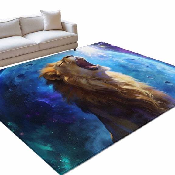 Lion Area Rugs 6x9ft Watercolor Roaring Lion Fantasy Universe Planet Forest Tree Floor Rug Non Slip Low Pile Ultra Soft Throw Carpet for Entryway Indoor Entrance Kitchen Bathroom