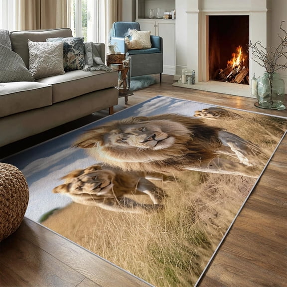 Lion Area Rugs, African Wildlife Pattern Carpet, Washable Non Slip Low Pile Soft Rug for Living Room Bedroom Decor Mat 5x8ft
