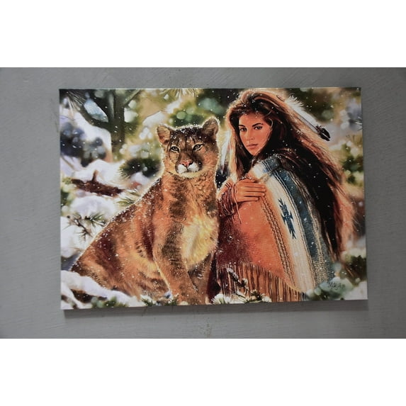 Lion Art Canvas, American Woman Artwork, Native Woman Poster, Native Woman And Big Cat, Indian Woman Printed, Woman And Lion Art Canvas, Canvas Wall Decor - Natural Framed