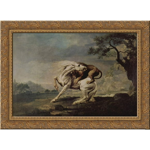 Lion Attacking a Horse 24x18 Gold Ornate Wood Framed Canvas Art by George Stubbs