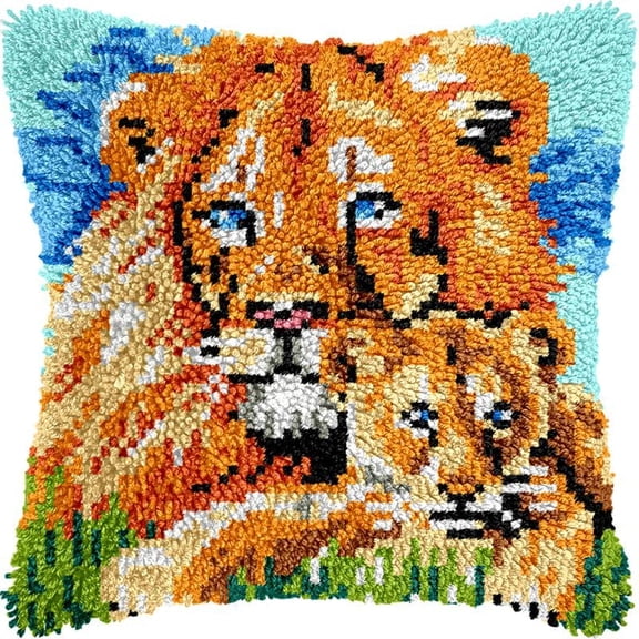 Lion & Baby Lion Latch Hook Kits Pillow DIY Rug Crochet Hook Cushion Making Kits Printed Pattern Canvas Pillowcase Hooking Kits Pillow Cover Crochet Kits 43x43cm(fs87)