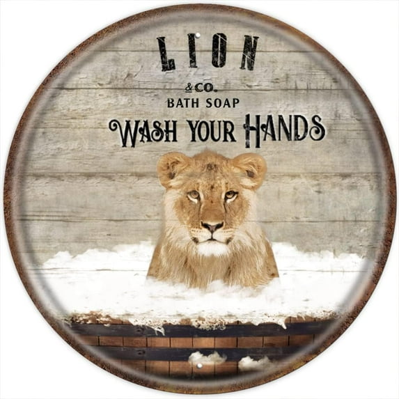 Lion Bath Soap Wash Your Hands Vintage Round Tin Sign, Lion Print, Lion Bathtub Funny Bathroom Decor, Animal Wall Art, Love Lion Gift, Housewarming Gift 12x12 Inches