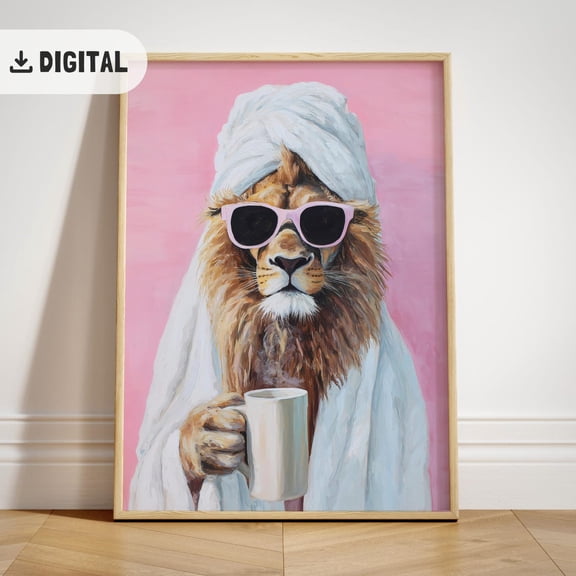 Lion Bathroom Poster, Whimsical Animal Wall Decor, Dopamine Poster, Quirky Maximalist Art, Stretched Canvas Size 12x18