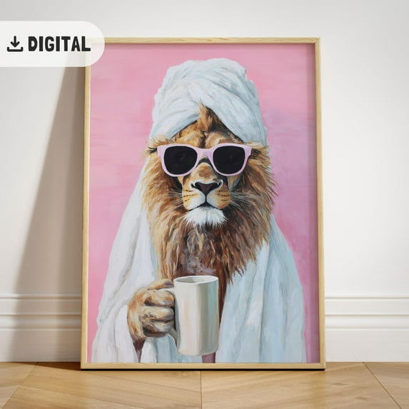 Lion Bathroom Poster, Whimsical Animal Wall Decor, Dopamine Poster, Quirky Maximalist Art, Stretched Canvas Size 12x18