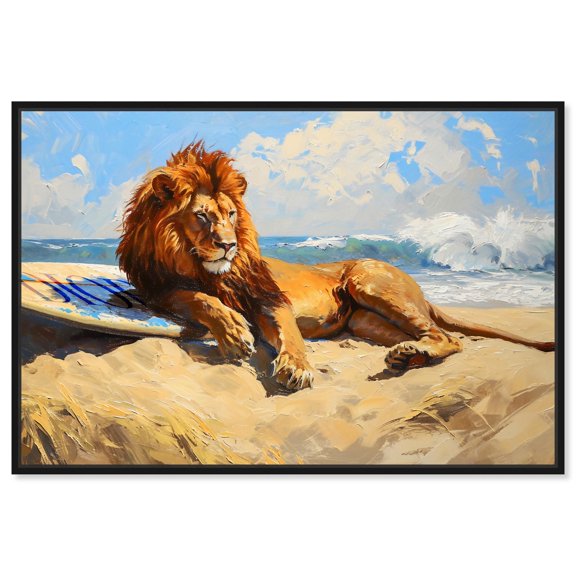 Lion Beach Surfer Canvas Glam Beach Wall Art by Art Remedy, Black Frame, 54" x 36"