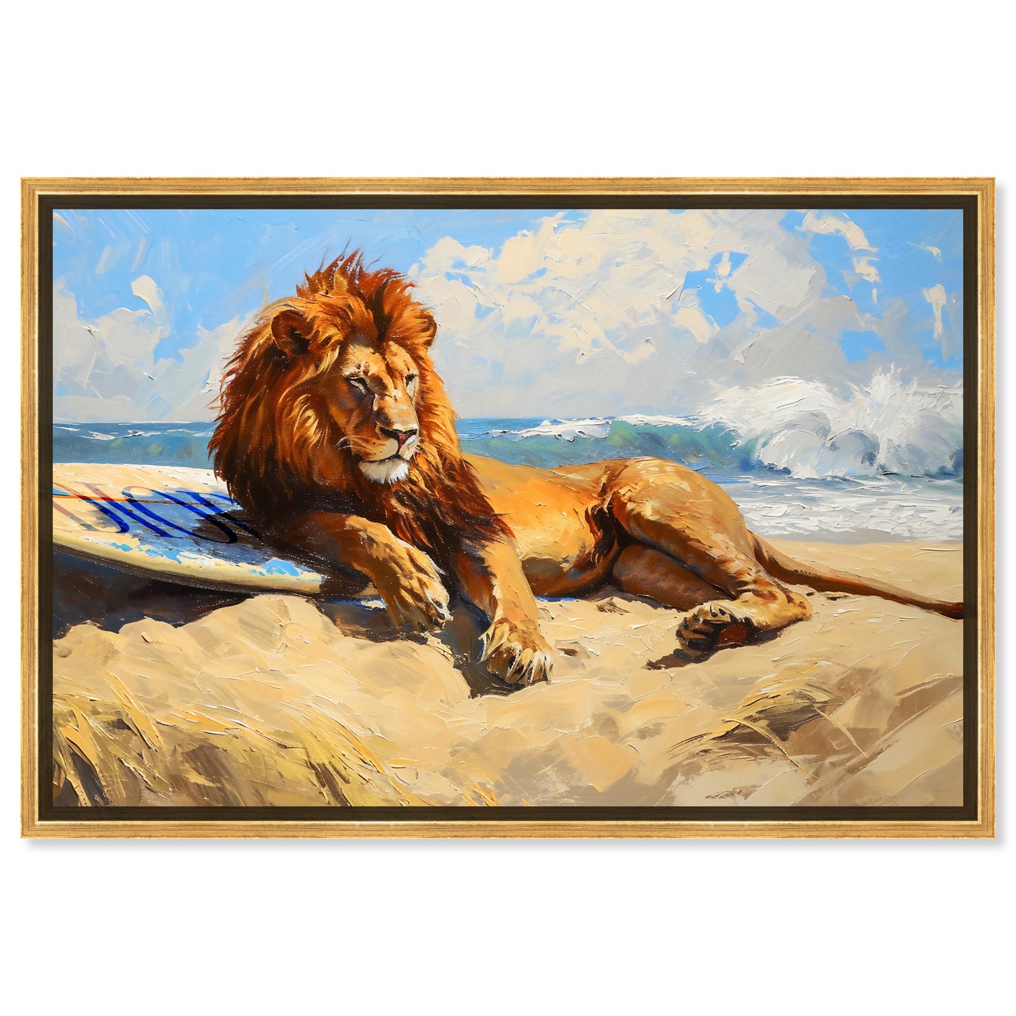 Lion Beach Surfer Canvas Glam Beach Wall Art by Art Remedy, Gold Frame ...