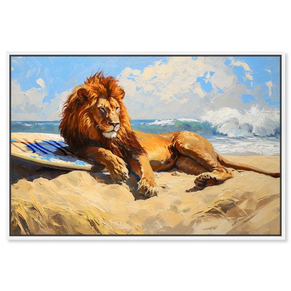 Lion Beach Surfer Canvas Glam Beach Wall Art by Art Remedy, White Frame, 54" x 36"
