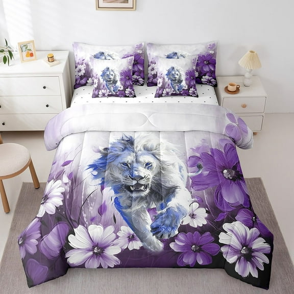 Lion Bed in a Bag King Size Comforter Set 7 Pieces Daisy Flowers Bedding Sets,Blue Purple Ombre Oil Painting Sheet Set with Comforter Graffiti Art Western Animals Butterfly Bohemian Decor