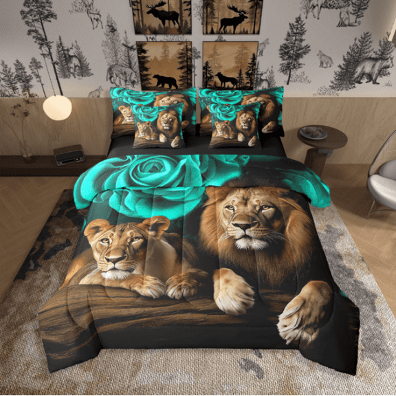 Lion Bed in a Bag King Size Comforter Set 7 Pieces,Teal Rose Bedding Sets,Western Sheet Set with Comforter African Animals Bed Set,Wildlife Flowers Room Decor