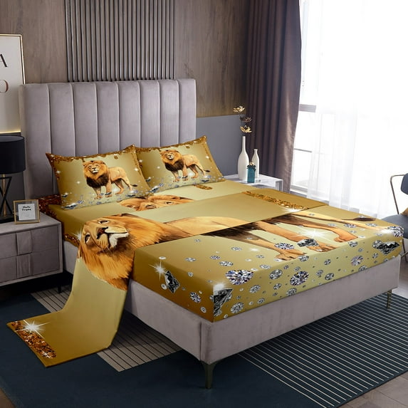 Lion Bed Sheets Set Brown Sequin Fluid Art Sheets,Crystal Diamond Sheet Set Twin,Woodland Animals Fitted Sheet Tropical Wildlife Western Decor