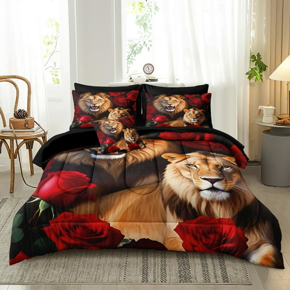 Lion Bedding Comforter Set Queen Size Wild Animal Bedding Set Rose Flowers and Lion Couple Printed 8 Pieces Queen Bed in a Bag Set Teen Adults Lion Comforter Set with Sheets for All Season with 1 Com