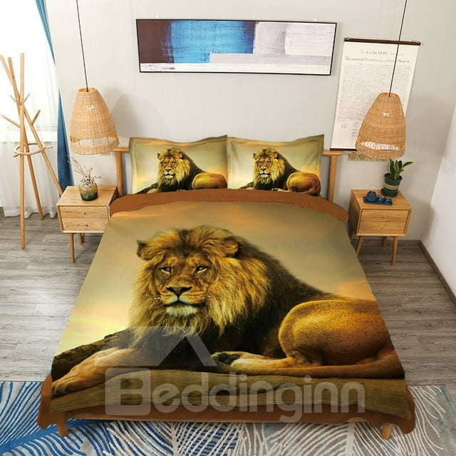 Lion Bedding Set King Size, 4Piece Duvet Cover Set Microfiber with