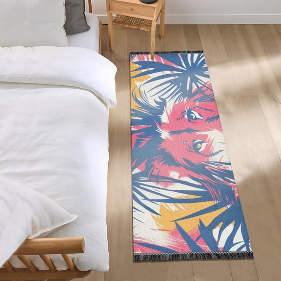 Lion Behind Colorful Palm Leaves Bedside Runner Rug 2'x 6' Non Slip Carpet Floor Mat Area Rug