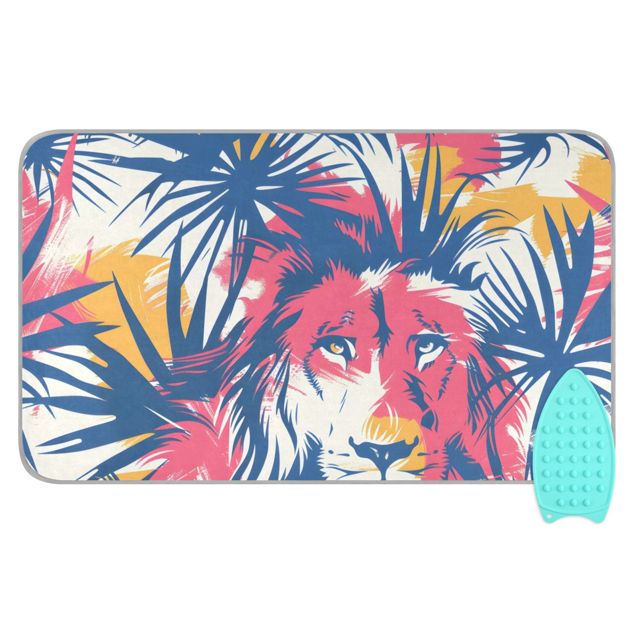 Lion Behind Colorful Palm Leaves Ironing Mat Blanket Portable Travel Ironing Pad Heat Resistant Pad 47.2" x 27.6”