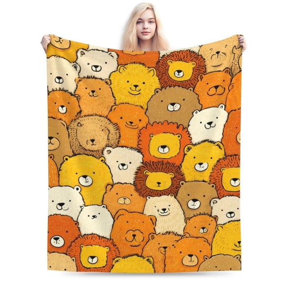 Lion Blanket Cute Pattern Animal Faces, Soft Cozy Flannel Throw For Couch And Sofa, Whimsical Hand Drawn Decor 50x40