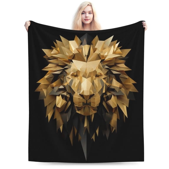Lion Blanket Geometric Low Poly Gold Art, Soft Cozy Flannel Throw For Couch And Sofa, Modern Wildlife Home Decor 60x50