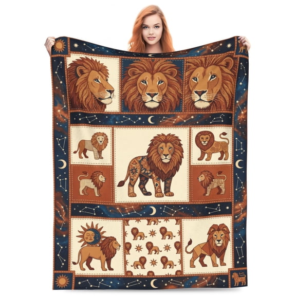 Lion Blanket Gift, Celestial Patchwork Lion Art, Flannel Fleece Throw For Couch Sofa Bed, Unique Home Office Accessory, All Purpose Decorative Holiday Throw Piece 50x40