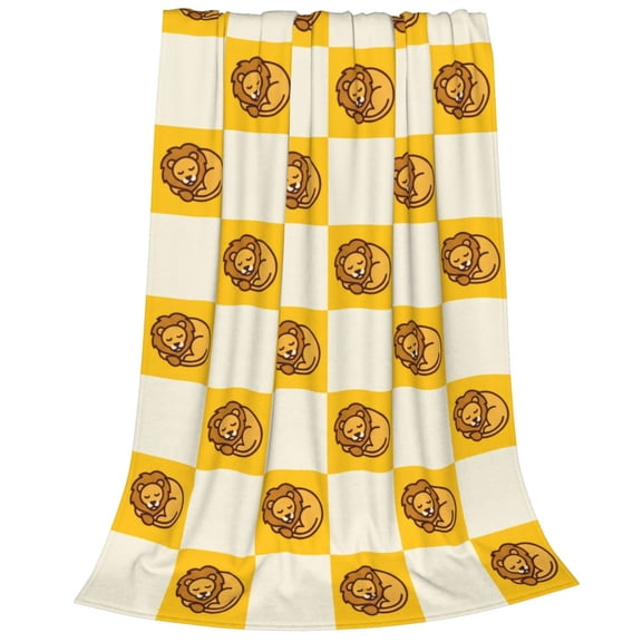 Lion Blanket Gift, Sleeping Lion Checkered Art, Flannel Fleece Throw For Couch Sofa Bed, Unique Home Office Accessory, All Purpose Decorative Holiday Throw 50x40