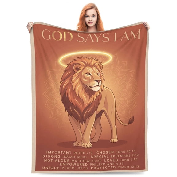 Lion Blanket, Inspirational Christian Cross Motif, Bible Verse Print, Religious Birthday Gift 50x40
