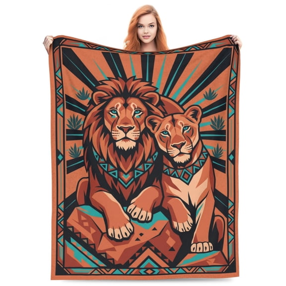 Lion Blanket, Tribal Lion And Lioness Art, Flannel Fleece Throw For Sofa Bed Couch, Southwestern Style Decor, Unique Home Office Travel Lounge Throw Accessory 50x40