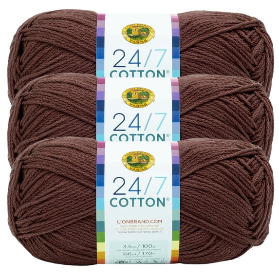 Lion Brand Yarn 24/7 Cotton Coffee Beans Medium Mercerized Cotton Yarn 3 Pack
