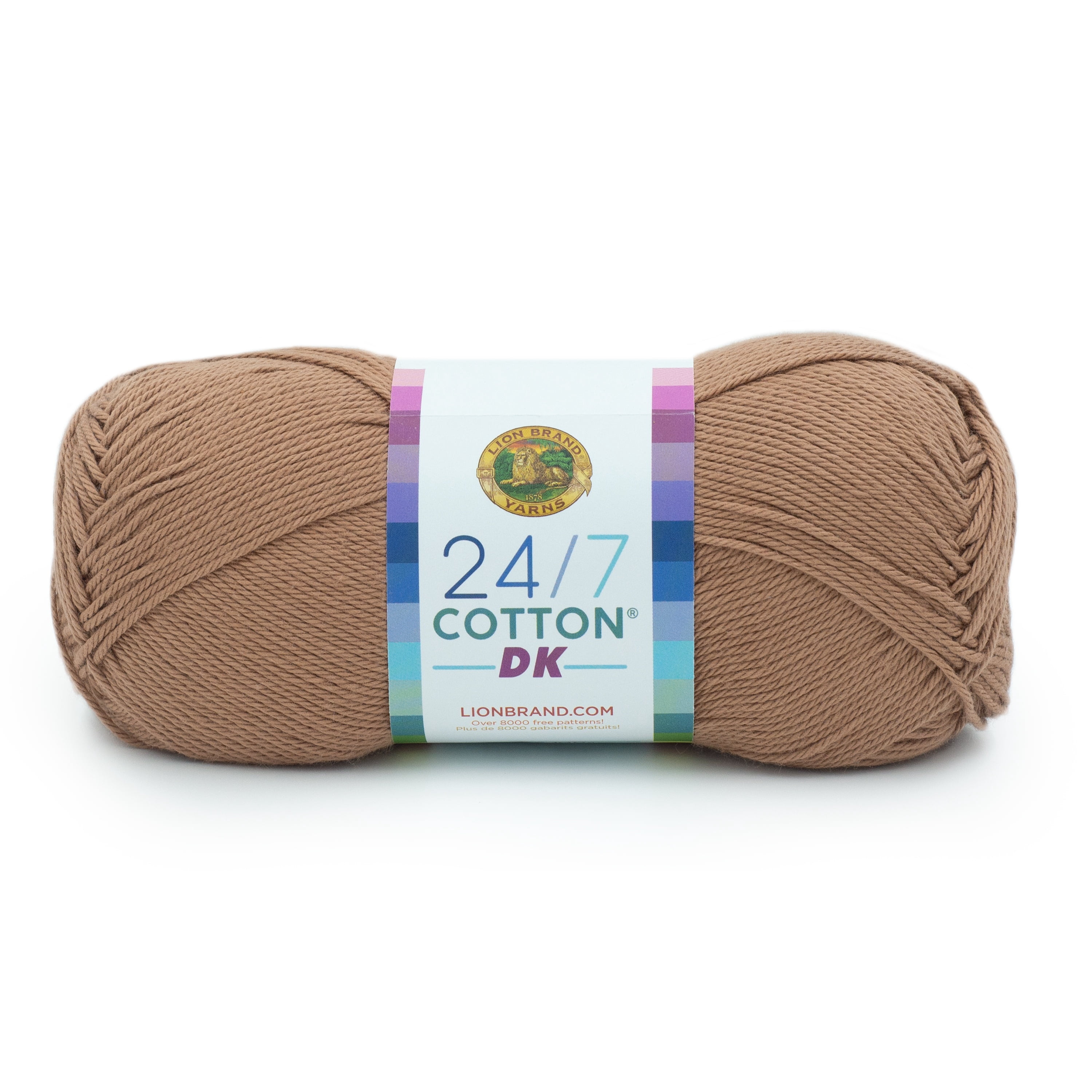 Lion Brand Yarn 24/7 Cotton DK #3 Light Yarn, Cacao, 273 yds / 3.5 oz