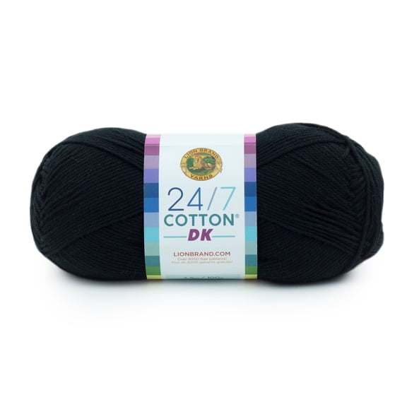 Lion Brand Yarn 24/7 Cotton DK #3 Light Yarn, Caviar, 273 yds / 3.5 oz
