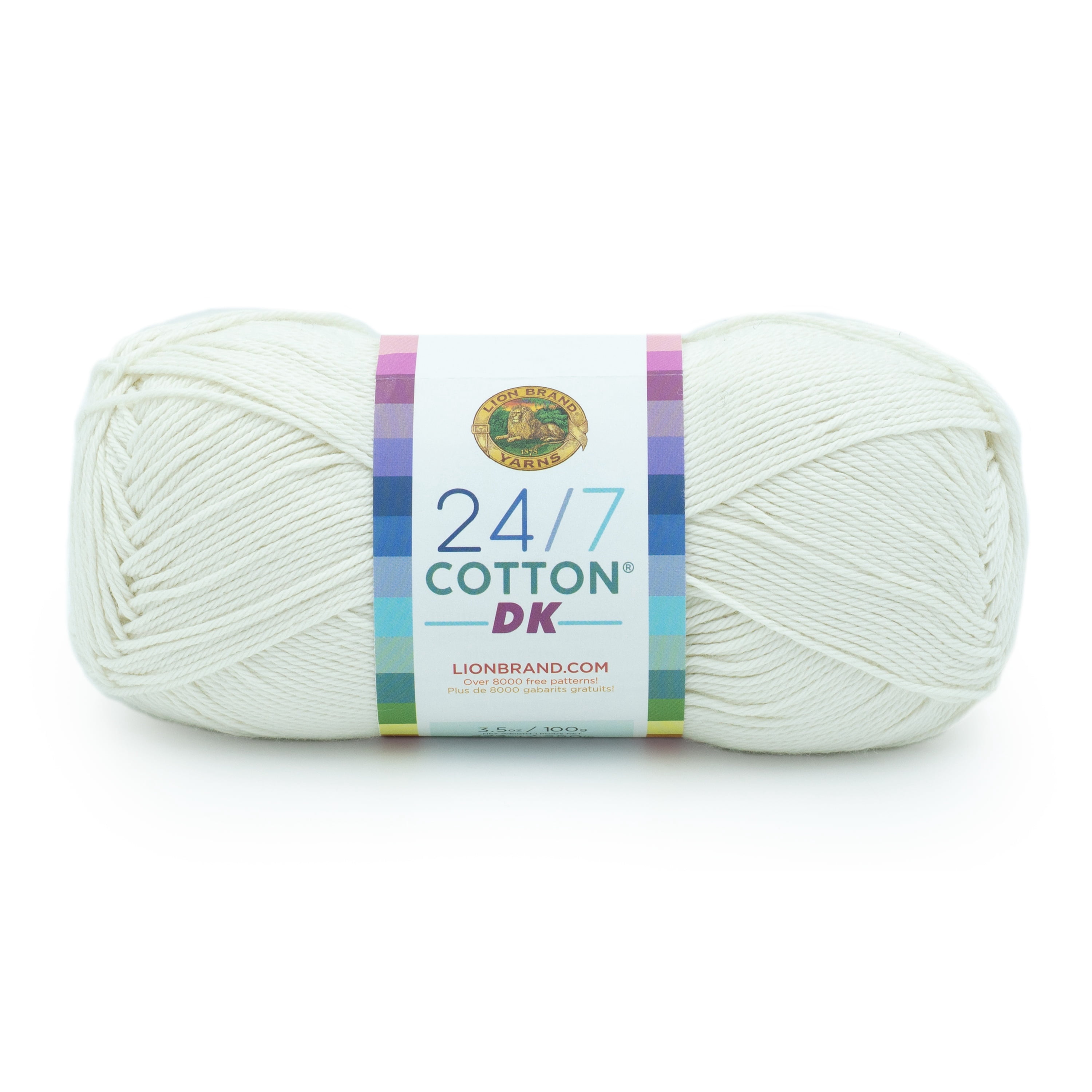 Lion Brand Yarn 24/7 Cotton DK #3 Light Yarn, Cream, 273 yds / 3.5 oz