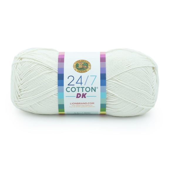 Lion Brand Yarn 24/7 Cotton DK #3 Light Yarn, Cream, 273 yds / 3.5 oz