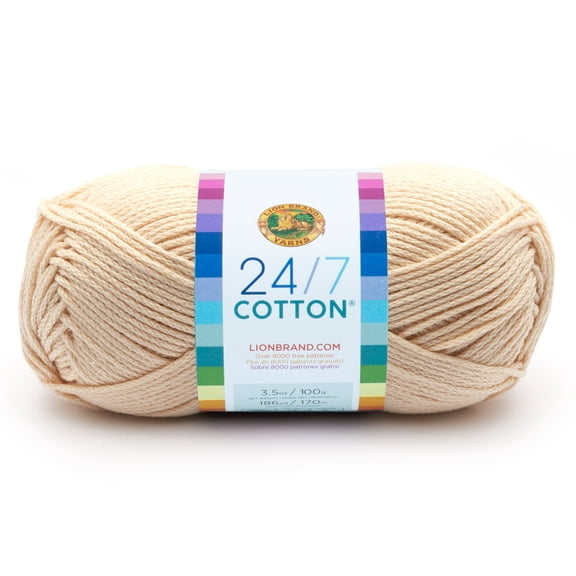 Lion Brand 24/7 Cotton Yarn, Soft Yarn for Knitting, Crochet, Weaving & Arts and Crafts, Medium Weight (4), 100% Mercerized Cotton Yarn, 3.5 oz/100g, 186 yd/170m, Ecru, 6 Pack
