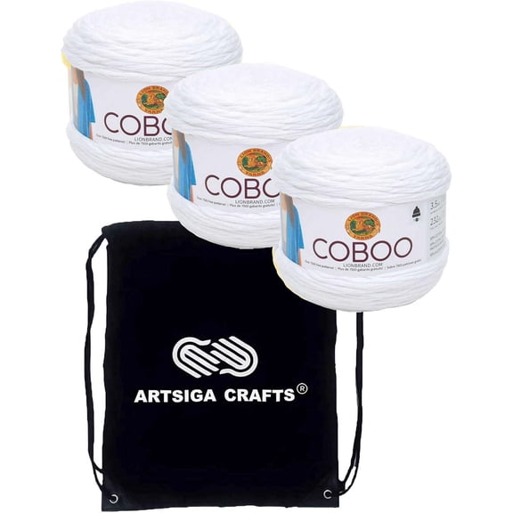 Lion Brand Coboo White 835-100 (3-Skeins - Same Dye Lot) DK Light Worsted #3 Cotton, Bamboo Yarn for Crocheting and Knitting with Project Bag