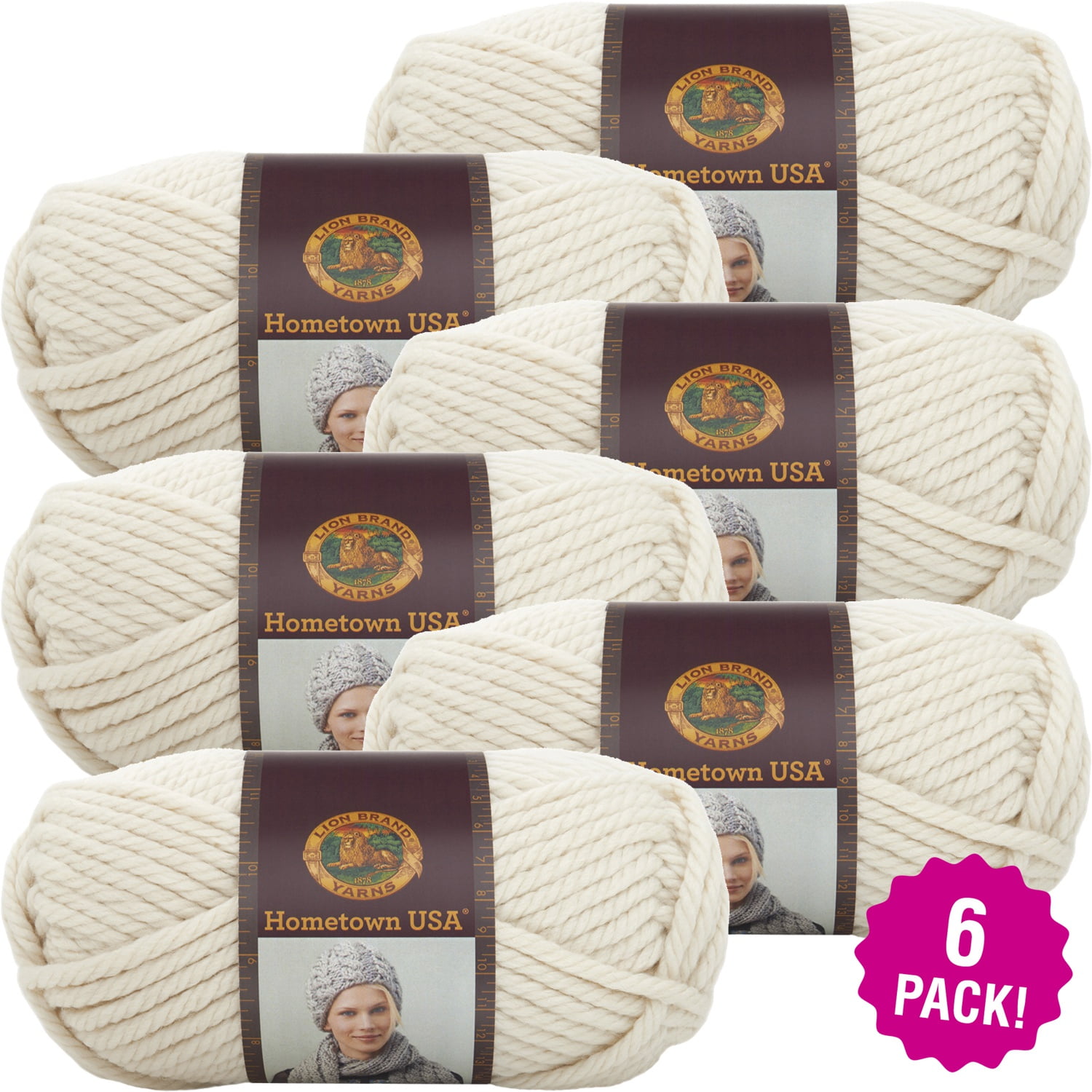 Lion Brand Hometown USA Yarn Houston Cream, Multipack of 6