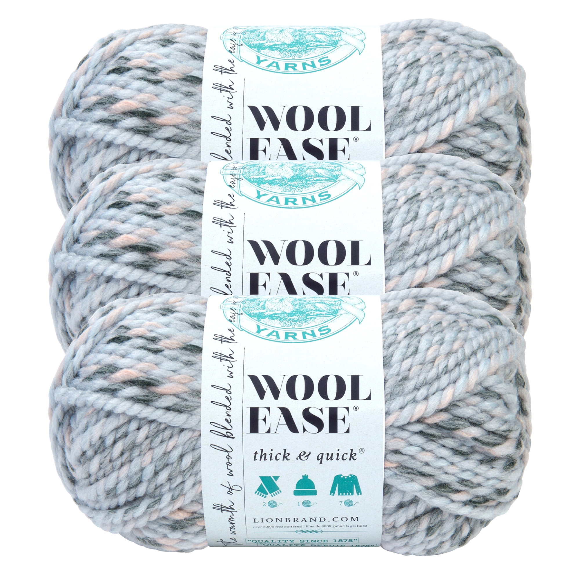Lion Brand Yarn Wool-Ease Thick & Quick Arctic Ice Super Bulky Acrylic, Wool Yarn 3 Pack