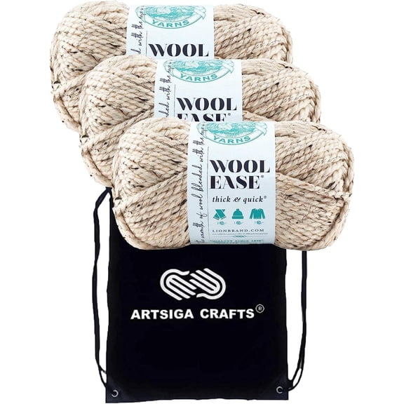 Lion Brand Wool Ease Thick & Quick Oatmeal 640-123 (3-Skeins - Same Dye Lot) #6 S Bulky Acrylic-Wool Yarn for Crocheting and Knitting with Project Bag
