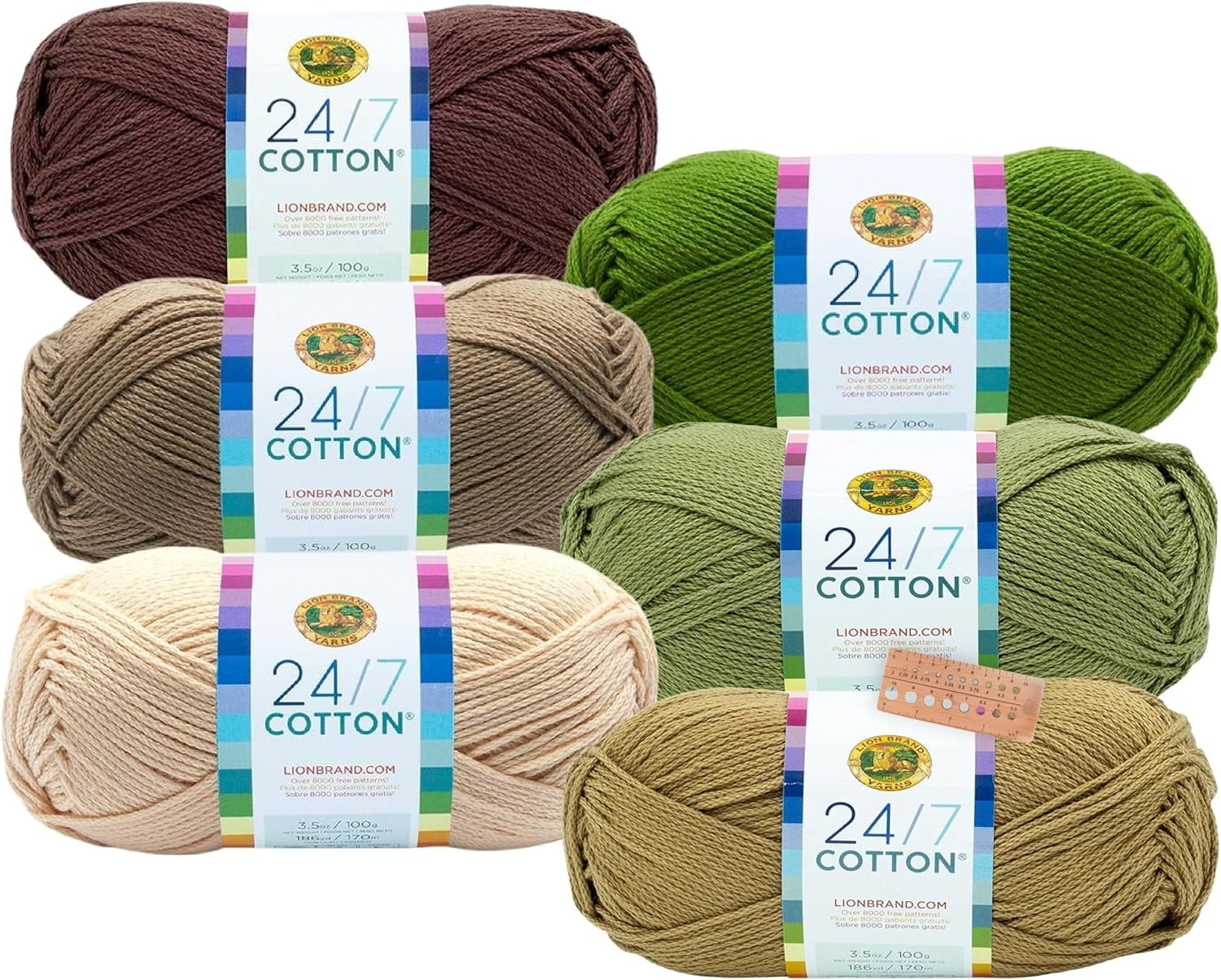 Lion Brand Yarn - 24/7 Cotton - 6 Skein Assortment (Olive Tree)