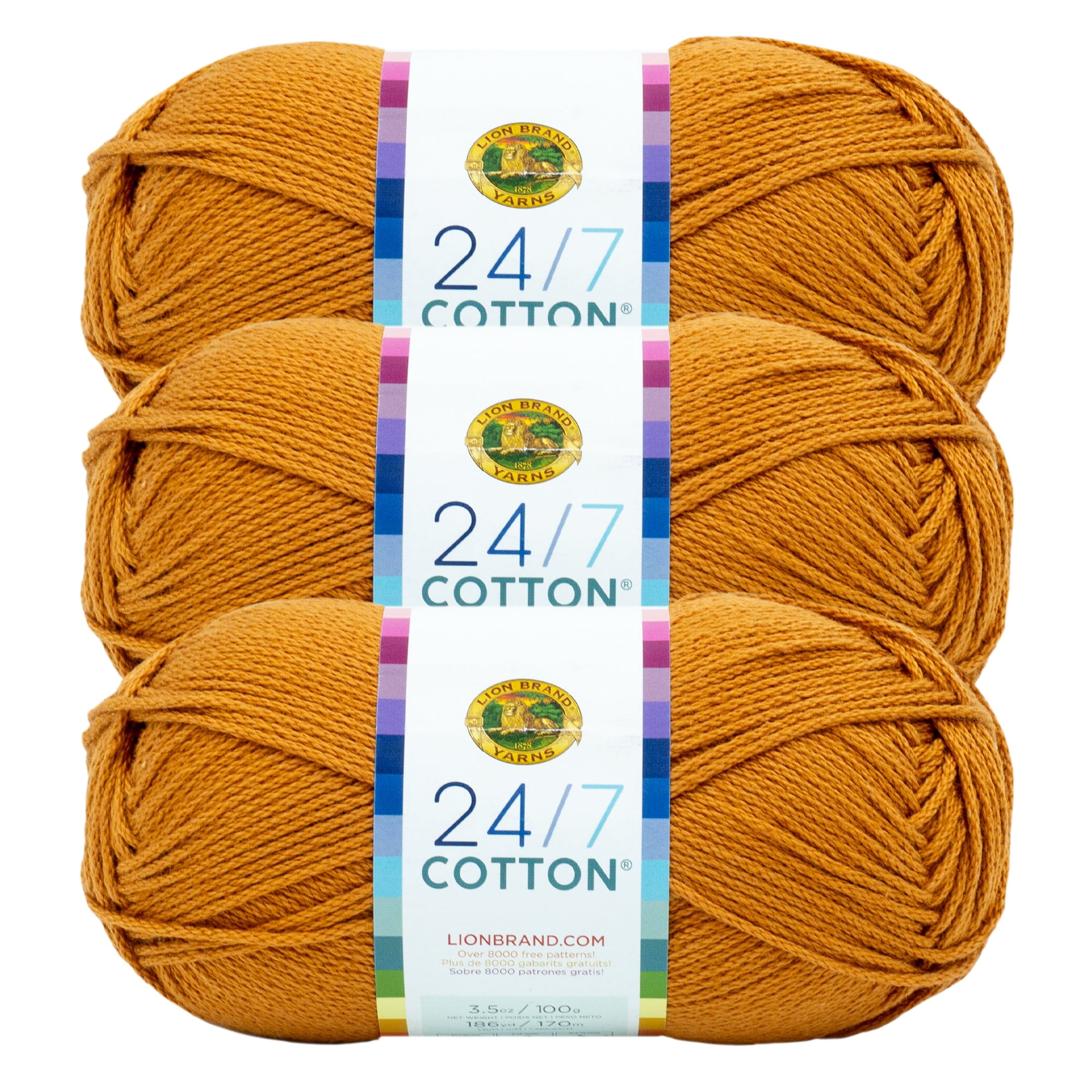 Lion Brand Yarn 24/7 Cotton Amber Medium Mercerized Cotton Yarn 3 Pack