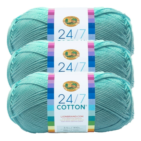 Lion Brand Yarn 24/7 Cotton Aqua Medium Mercerized Cotton Yarn 3 Pack