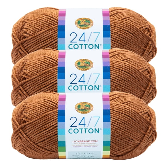 Lion Brand Yarn 24/7 Cotton Camel Medium Mercerized Cotton Yarn 3 Pack