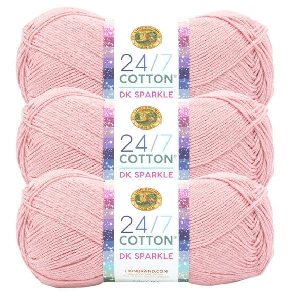 Lion Brand Yarn 24/7 Cotton DK Pink Diamond Light Cotton, Polyester Yarn 3 Pack