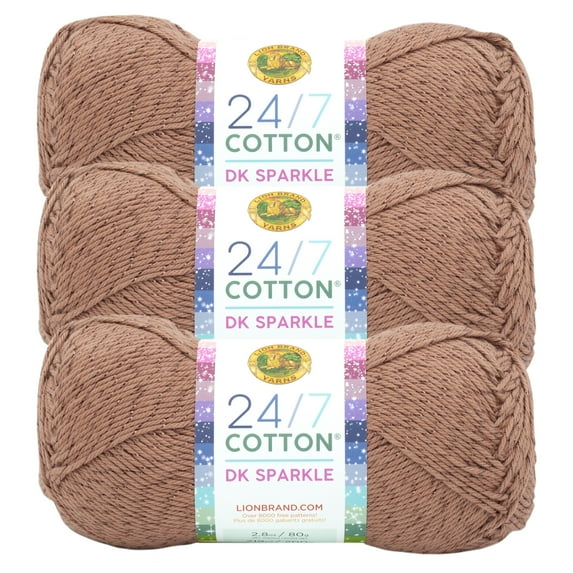 Lion Brand Yarn 24/7 Cotton DK Truffle Light Cotton, Polyester Yarn 3 Pack