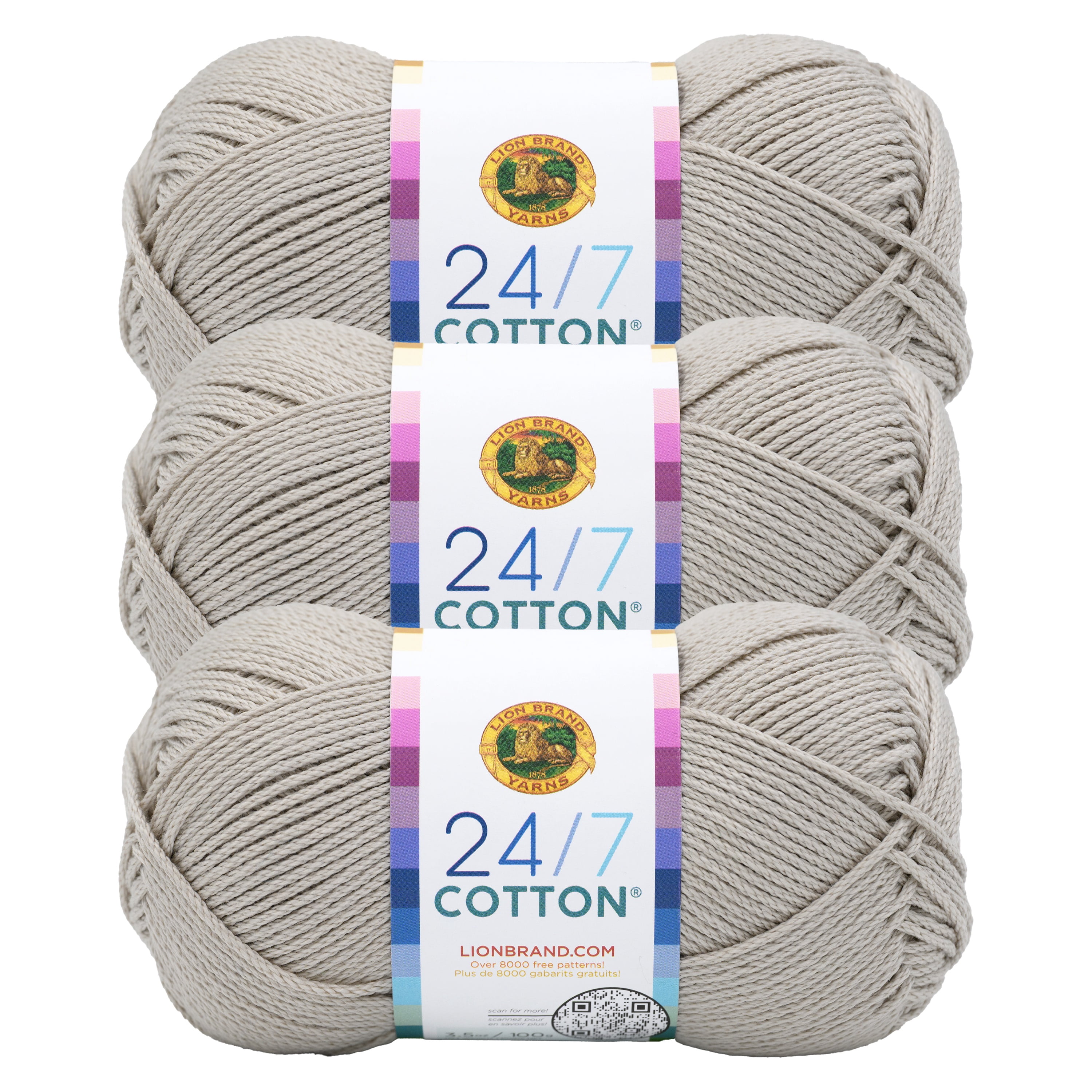 Lion Brand Yarn 24/7 Cotton Linen Medium Mercerized Cotton Gray Yarn 3 Pack